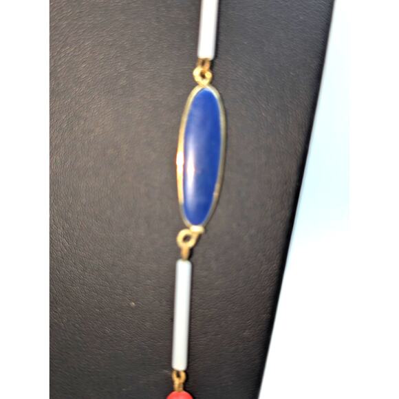 Vintage Red White Blue Multi Shape Long Acrylic Beaded Necklace - Picture 5 of 6